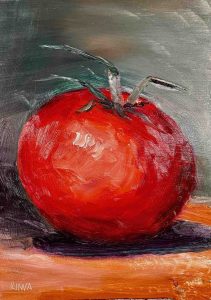 21. lecke 1. csendéletfestő videó, paradicsom festése lilával és narancs színnel (másodrendű színek varázsa)