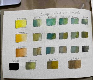 9. lecke  A sárga színek és zöldek keverése (Akvarell tájkép)